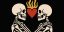 two skeletons embracing surrounding red heart in flames