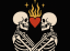 two skeletons embracing surrounding red heart in flames