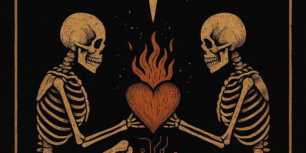 we-morning-star-tarot-card.webp Digital illustration of The Star tarot card — two skeletons intertwined beneath a golden star with a flaming heart between them, symbolizing hope, rebirth, alchemy, and connection after destruction. We Morning Stars cyber-occult style.