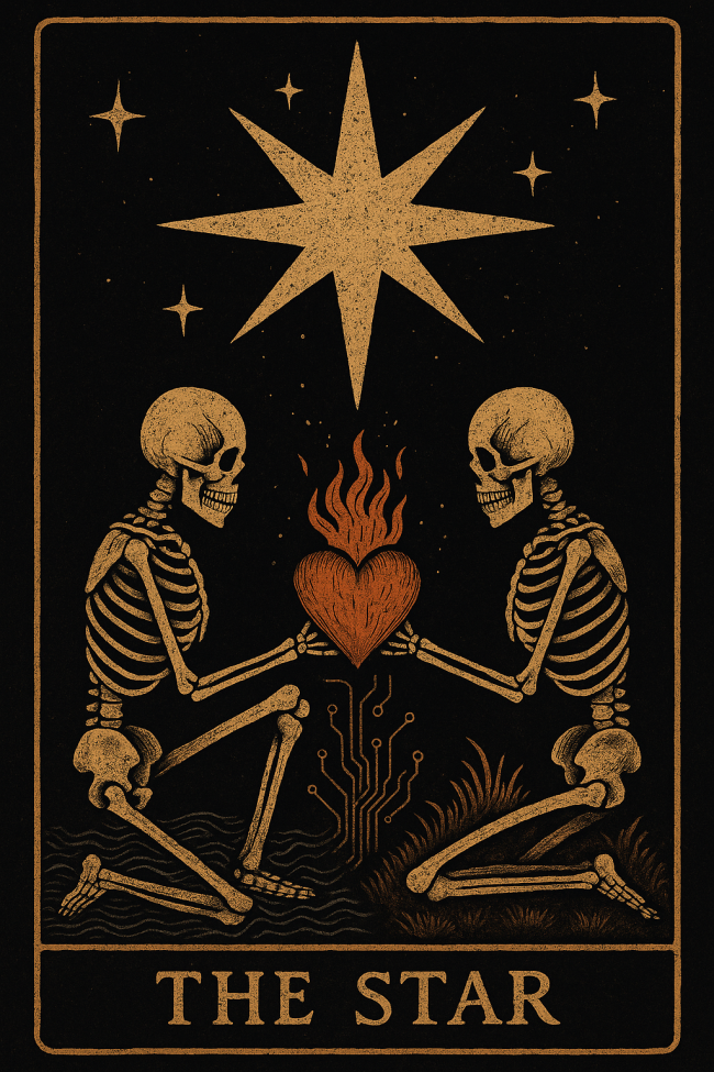 Digital illustration of The Star tarot card — two skeletons intertwined beneath a golden star with a flaming heart between them, symbolizing hope, rebirth, alchemy, and connection after destruction. We Morning Stars cyber-occult style.