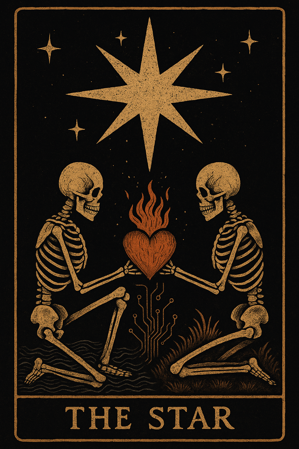 Digital illustration of The Star tarot card — two skeletons intertwined beneath a golden star with a flaming heart between them, symbolizing hope, rebirth, alchemy, and connection after destruction. We Morning Stars cyber-occult style.